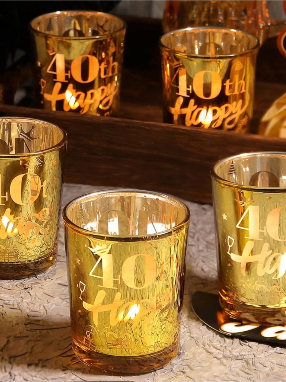 Gold Glass “40th Happy" Votive Candle Holders (Set of 12)